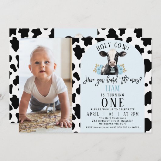 フローラブルーカウズプリントフォトホーリーカウー1歳の誕生日 招待状 (正面/裏面)