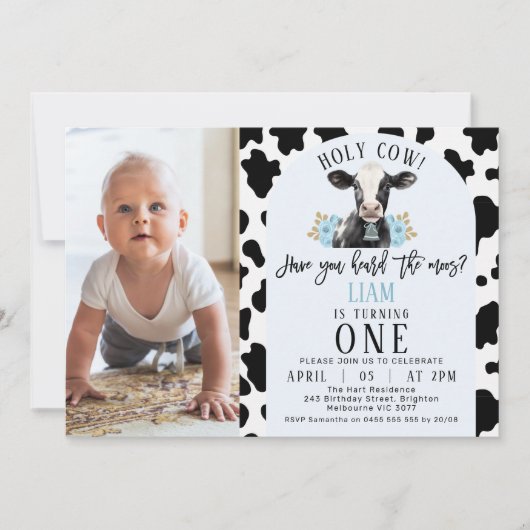 フローラブルーカウズプリントフォトホーリーカウー1歳の誕生日 招待状 (正面)