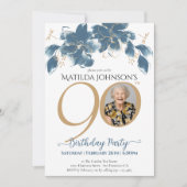 フローラブルーカスタム金ゴールド写真90誕生日 招待状 (正面)