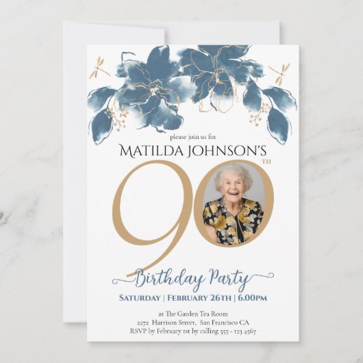 フローラブルーカスタム金ゴールド写真90誕生日 招待状 (正面)