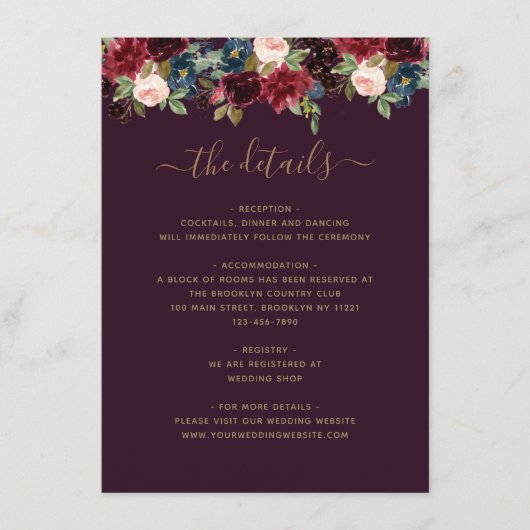 フローラブルーガンディネービーブループラムジュエルト結婚ーンズ エンクロージャーカード (正面)