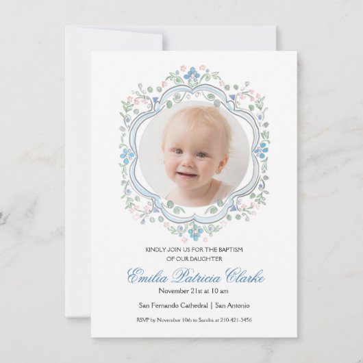 フローラブルーグリーンピンクシンプル色バプテスマ 招待状 (正面)