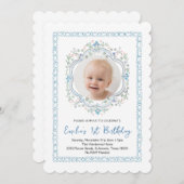 フローラブルーグリーンベビー1stバースデーフォト 招待状 (正面/裏面)