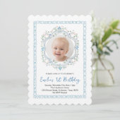 フローラブルーグリーンベビー1stバースデーフォト 招待状 (スタンド正面)