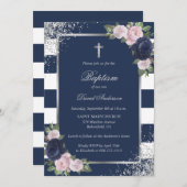 フローラブルーシルバークロスエレガントバプテスマ 招待状 (正面/裏面)