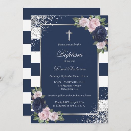 フローラブルーシルバークロスエレガントバプテスマ 招待状 (正面/裏面)