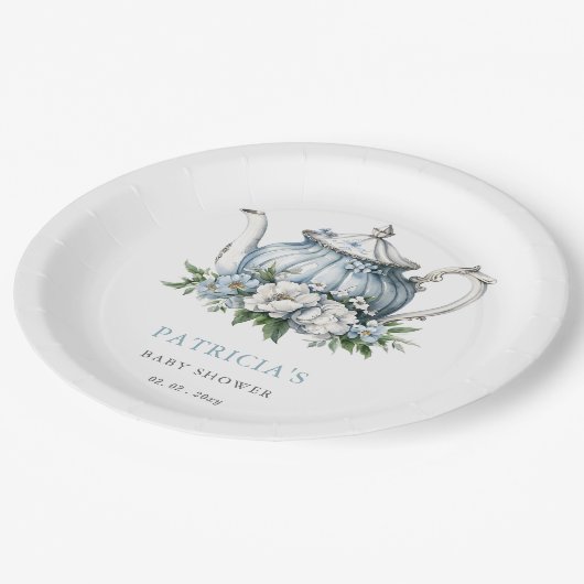 フローラブルーティーパーティーボーイベビーシャワー ペーパープレート (アングル)