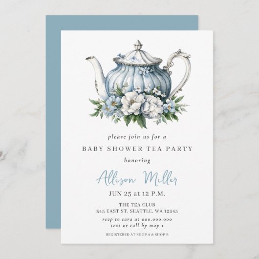 フローラブルーティーパーティーボーイベビーシャワー 招待状 (正面/裏面)