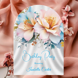 フローラブルーピンクイエローフラワーズバースデーパーティー 招待状