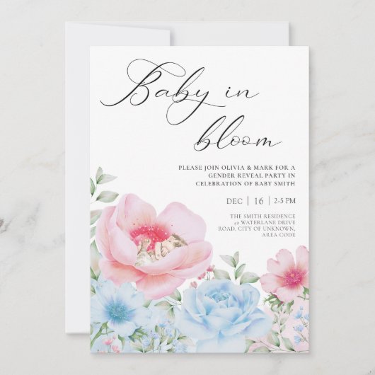 フローラブルーピンク水色ジェンダー明らかにする招待状 招待状 (正面)