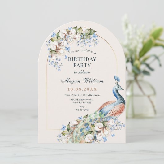 フローラブルーピーコックの鳥の誕生日パーティー 招待状 (スタンド正面)