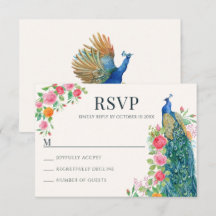 フローラブルーピーコックバードRSVPカード
