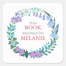 フローラブルーフラワーリース蔵書票シール スクエアシール