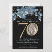 フローラブルーブラックカスタム金ゴールド写真70誕生日 招待状 (正面)