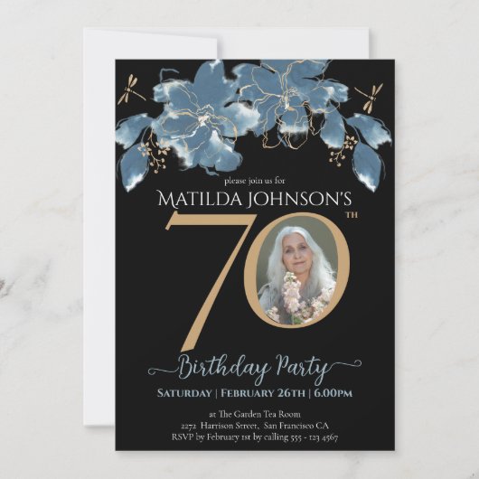 フローラブルーブラックカスタム金ゴールド写真70誕生日 招待状 (正面)