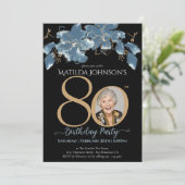 フローラブルーブラックカスタム金ゴールド写真80誕生日 招待状 (スタンド正面)