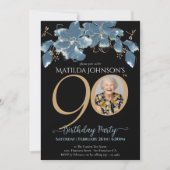 フローラブルーブラック金ゴールド写真90th Birthday Party 招待状 (正面)