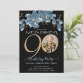 フローラブルーブラック金ゴールド写真90th Birthday Party 招待状 (スタンド正面)