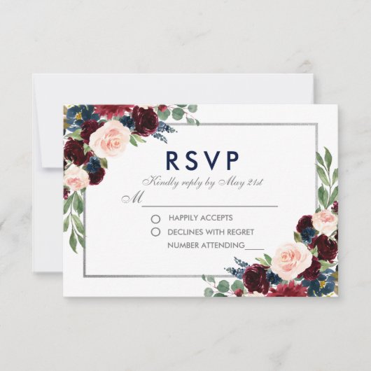 フローラブルーブルグンディ結婚ズ銀RSVP 出欠カード (正面)