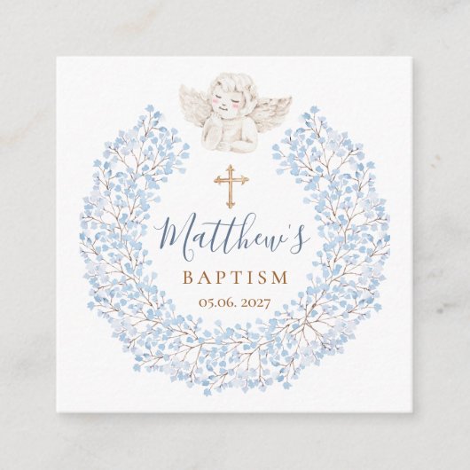 フローラブルーベビーエンジェルクロスバプテスマ エンクロージャーカード (正面)
