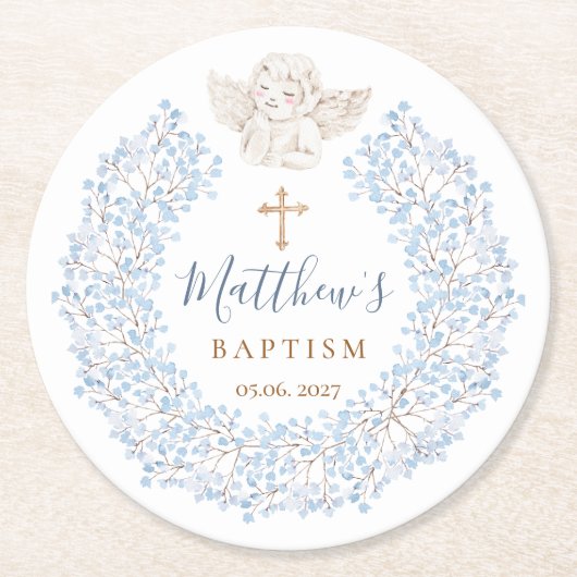 フローラブルーベビーエンジェルクロスバプテスマ ラウンドペーパーコースター (正面)