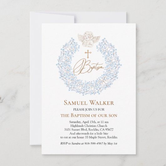 フローラブルーベビーエンジェルクロスバプテスマ 招待状 (正面)