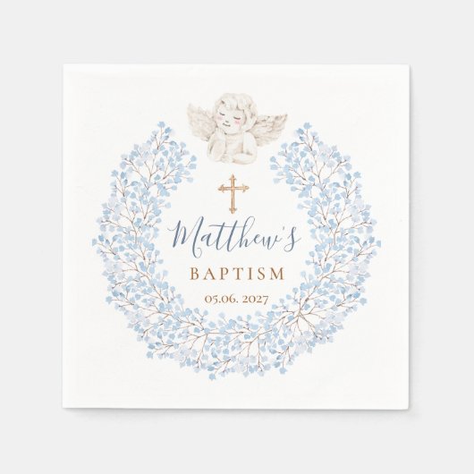 フローラブルーベビーエンジェルクロス スタンダードカクテルナプキン (正面)