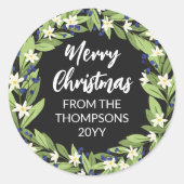 フローラブルーベリーグリーンリースメリークリスマス ラウンドシール (正面)
