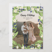 フローラブルーベリーグリーンリーフレームハッピーホリデー シーズンカード (正面)