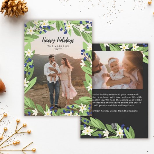 フローラブルーベリーグリーンリーフレームハッピーホリデー シーズンカード