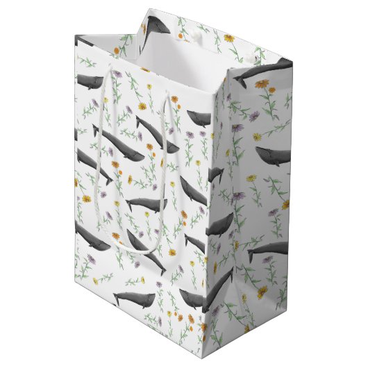 フローラブルーホエール春イラストレーションパターン ミディアムペーパーバッグ (正面アングル)