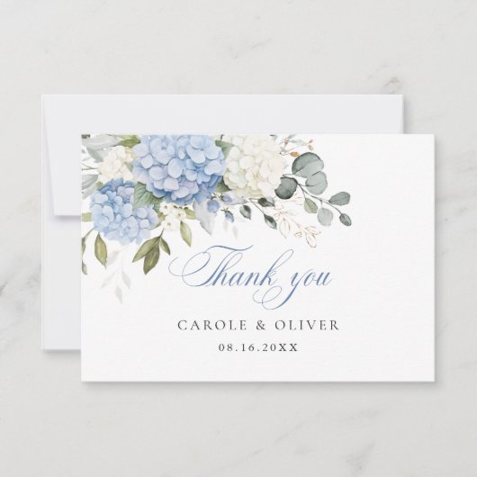 フローラブルーホワイトアジサイ結婚グリーンズ サンキューカード (正面)