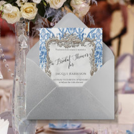 フローラブルーホワイトヴィンテージシルバーブライダルシャワー 招待状