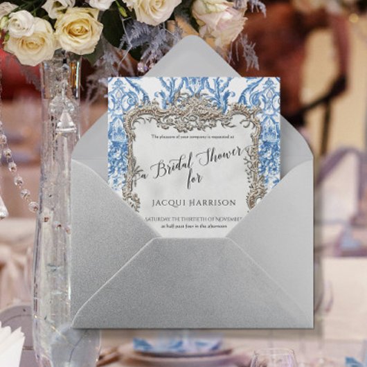 フローラブルーホワイトヴィンテージシルバーブライダルシャワー 招待状