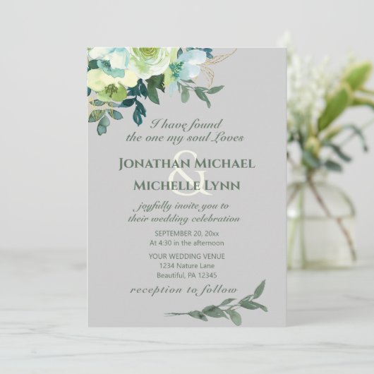 フローラブルーホワイト金ゴールドターコイズクリスチャン結婚ズ 招待状 (スタンド正面)