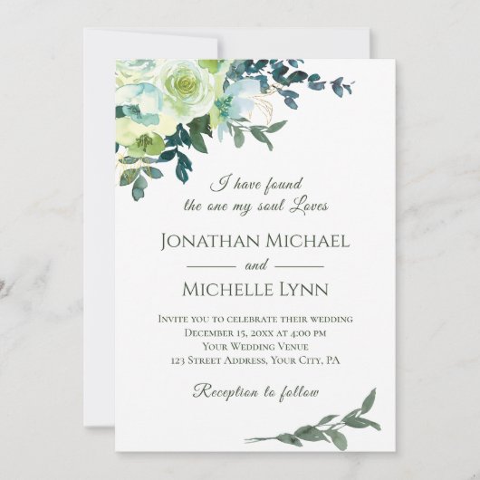 フローラブルーホワイト金ゴールドターコイズクリスチャン結婚ズ 招待状 (正面)