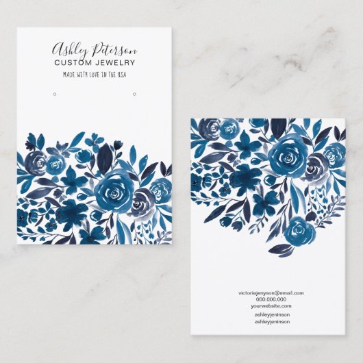 フローラブルー水彩ジュエリーイヤリングディスプレイ 名刺 (正面/裏面)