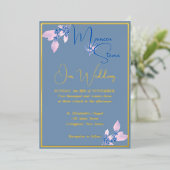 フローラブルー結婚の金ゴールド 箔招待状 (立ち正面)