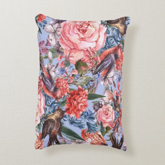 フローラブルー背景バラヒヤシンス野生の花 アクセントクッション (裏面(縦))