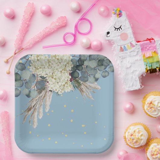 フローラブルー金ゴールドエレガント誕生日 ペーパープレート (パーティー)