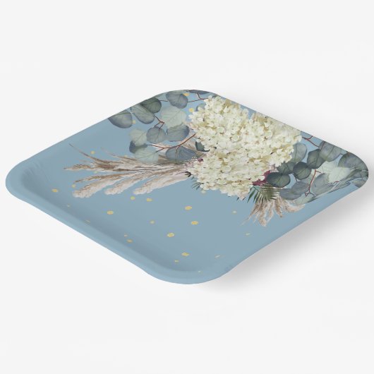 フローラブルー金ゴールドエレガント誕生日 ペーパープレート (傾斜あり)