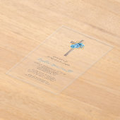 フローラブルー金ゴールドクロスバプテスマ アクリル招待状 (レイダウン)