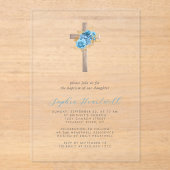 フローラブルー金ゴールドクロスバプテスマ アクリル招待状 (正面)