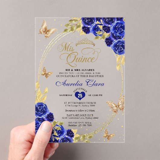 フローラブルー金ゴールドティアラバタフライミキンセアニラ アクリル招待状 (インサイチュ (ポータブル))