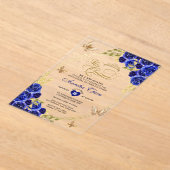 フローラブルー金ゴールドティアラバタフライミキンセアニラ アクリル招待状 (レイダウン)