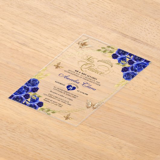 フローラブルー金ゴールドティアラバタフライミキンセアニラ アクリル招待状 (レイダウン)