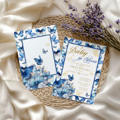 フローラブルー金ゴールドバタフライベビーイン開花シャワー 招待状