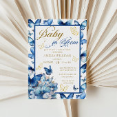 フローラブルー金ゴールドバタフライベビーイン開花シャワー 招待状