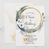 フローラブルー金ゴールドボホ結婚ズ 招待状 (正面/裏面)