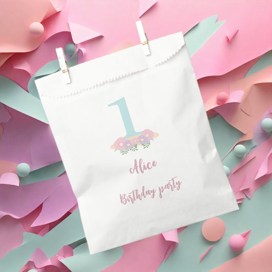 フローラブルー,ピンクパステル1st誕生日パーティー フェイバーバッグ